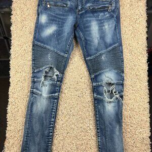 Embellish Medium Wash Blue Jeans Women's SZ 34 Distressed Slightly Tapered